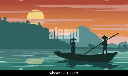 Femme vietnamienne sur le bateau pour revenir à la maison à l'heure du coucher du soleil, illustration vectorielle Illustration de Vecteur