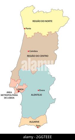 Carte vectorielle administrative des cinq régions du Portugal Illustration de Vecteur