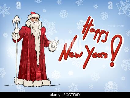 Rouge russe grand-père givre. DED Moroz. Russe Santa Claus Saint Nicholas. Isolé sur une illustration de dessin animé à vecteur bleu Illustration de Vecteur