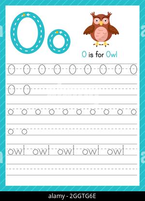 Tracez la lettre O en majuscules et en minuscules. Feuille de travail préscolaire de pratique de traçage d'alphabet pour les enfants apprenant l'anglais avec mignon animal de dessin animé. Page activité Illustration de Vecteur