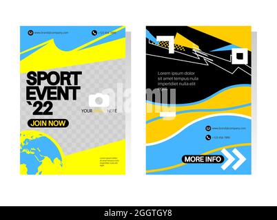 Affiche Blue Sport jaune, modèles de brochure. Dépliant géométrique, prospectus au format A4, couverture de livre, présentation, carte, bannière pour le fitness, l'action sportive, l'entraînement Illustration de Vecteur