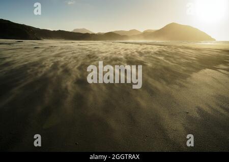 Wharariki Beach, Golden Bay/Nouvelle-Zélande : le sable est soufflé le long de la plage. Banque D'Images