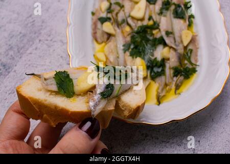 Anchois marinés dans du vinaigre et de l'huile d'olive avec du persil et de l'ail. Banque D'Images