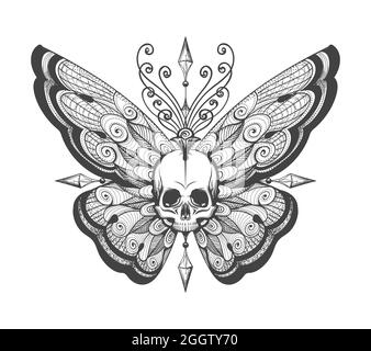 Tatouage de crâne humain avec ailes de papillon isolées sur blanc. Illustration vectorielle. Illustration de Vecteur