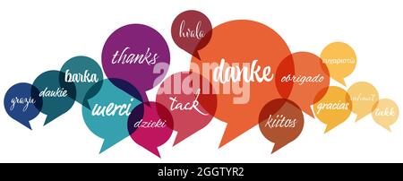 EPS 10 vector illustration of colored speech bubbles cloud isolated on white background with greetings text " thanks " in different languages Illustration de Vecteur