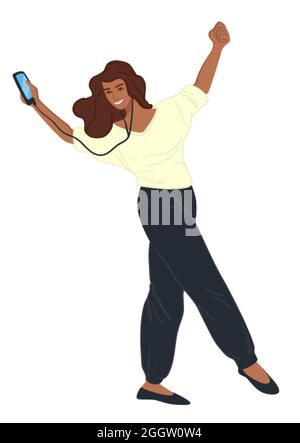 Femme avec smartphone écoutant de la musique heureuse Illustration de Vecteur