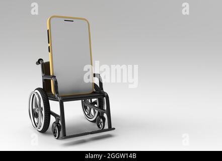 Fauteuil roulant avec téléphone intelligent vierge isolé. Illustration du rendu 3D. Banque D'Images