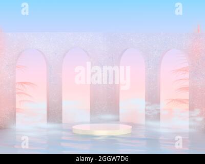 Un podium romantique surréaliste dans l'océan avec des nuages à un coucher de soleil rose. Arches anciennes et palmiers près du piédestal. Rendu 3D. Banque D'Images