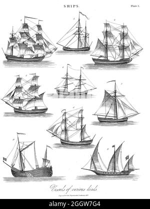 Navires navires de divers types gravure de Copperplate de l'Encyclopedia Londinensis or, Dictionnaire universel des arts, des sciences et de la littérature; Volume XXIII; édité par Wilkes, John. Publié à Londres en 1828 Banque D'Images