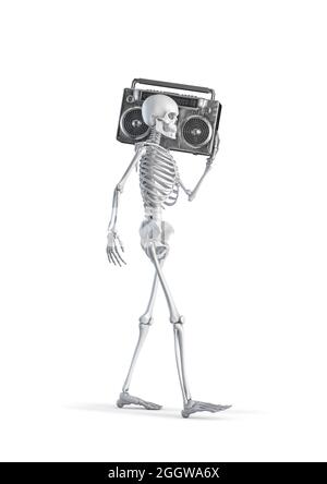 Squelette avec boombox - illustration 3D du squelette humain masculin portant un lecteur de cassette stéréo rétro des années 80 isolé sur fond blanc de studio Banque D'Images