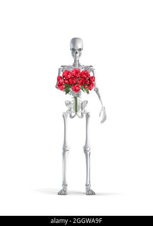 Squelette avec des roses - illustration 3D du squelette humain mâle représentant un bouquet de roses rouges isolées sur fond blanc de studio Banque D'Images