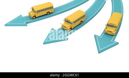 les bus scolaires vont dans différentes directions isolées sur blanc au-dessus de la vue. rendu 3d Banque D'Images