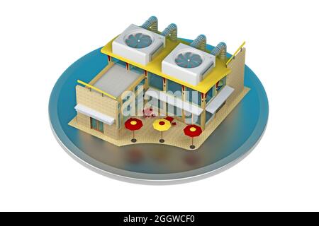 concept de ventilation de toit de bâtiment de café isolé sur blanc. rendu 3d Banque D'Images