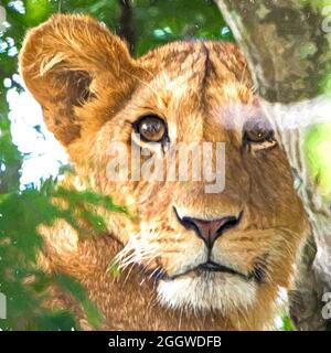 Peinture numérique d'un portrait d'un lion cub. Banque D'Images