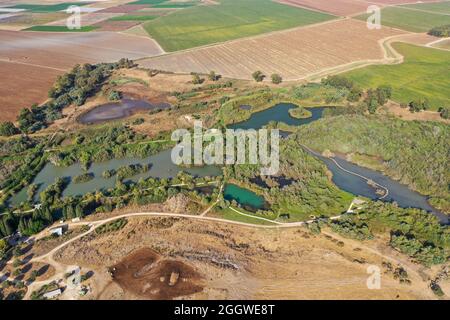 Marais et pont de poissons-chats de la réserve naturelle d'Ein Afek, vue aérienne. Banque D'Images