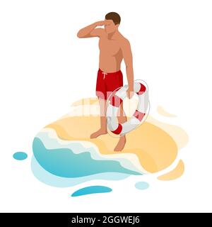 Beau maître-nageur isométriques avec bouée de sauvetage à la plage de sable. Maître nageur sur la plage. Sécurité lors de la natation. Illustration de Vecteur