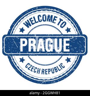 BIENVENUE À PRAGUE - RÉPUBLIQUE TCHÈQUE, mots écrits sur un timbre bleu grungy Banque D'Images