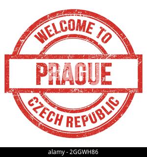 BIENVENUE À PRAGUE - RÉPUBLIQUE TCHÈQUE, mots écrits sur le timbre simple rond rouge Banque D'Images