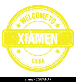 BIENVENUE À XIAMEN - CHINE, mots écrits sur timbre jaune grungy Banque D'Images