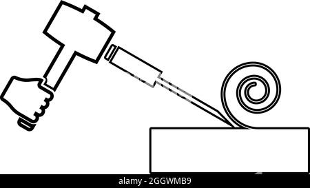 Marteau à bois avec burin utilisant des copeaux de surface de traitement utiliser un bras outil à bois outil de travail de l'atelier contour de la fraiseuse icône vecteur de couleur noir Illustration de Vecteur