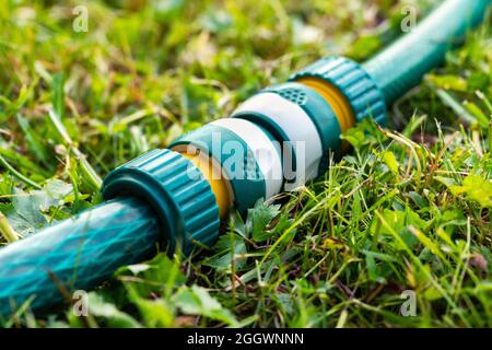 Tuyaux d'irrigation de jardin connectés à un connecteur de tuyau en plastique moderne pour une connexion rapide couchée sur l'herbe de près Banque D'Images