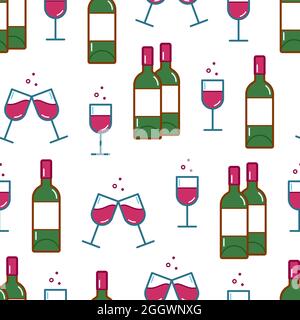 Motif sans couture des icônes de verres à vin et de bouteilles de vin. Illustration vectorielle Illustration de Vecteur