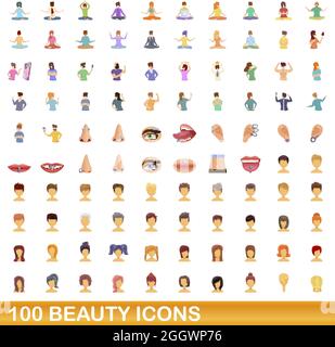 100 icônes de beauté définies. Illustration de dessin animé de 100 icônes de beauté vecteur isolé sur fond blanc Illustration de Vecteur