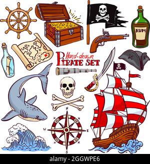 ensemble de pirate. collection de paraphhernalia de pirate dessinés à la main. drapeau de pirate, navire, attributs de navigation Illustration de Vecteur