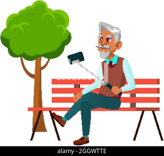 Old Man Making Selfie on Phone dans Park Vector Illustration de Vecteur