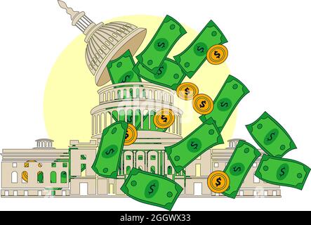 LE Congrès AMÉRICAIN et le dôme du Capitole à Washington DC, avec de l'argent liquide flottant sur le bâtiment, illustrant le paiement et le transfert de la relance économique du coronavirus Illustration de Vecteur