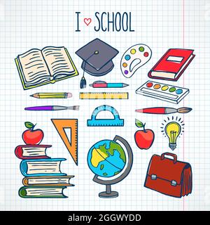 ensemble mignon avec fournitures scolaires dessinées à la main Illustration de Vecteur