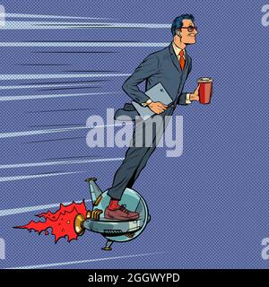 Un homme d'affaires futuriste conduit un monocycle électrique, un homme boit le café du matin Illustration de Vecteur