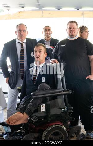 Para archer Piotr Van Montagu photographié lors d'un événement pour assister et soutenir les Belges participant à l'épreuve masculine d'athlétisme de 100m T51 à Tokyo Banque D'Images