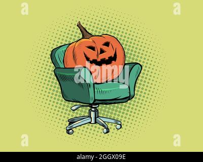 La citrouille d'Halloween est assise sur une chaise. Interviews, confort à la maison. Vacances saisonnières Illustration de Vecteur