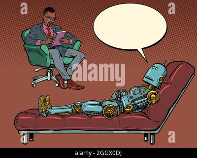 Un psychothérapeute masculin noir lors d'une séance de psychothérapie, écoute un robot patient, s'assoit dans une chaise et prend des notes dans un carnet Illustration de Vecteur