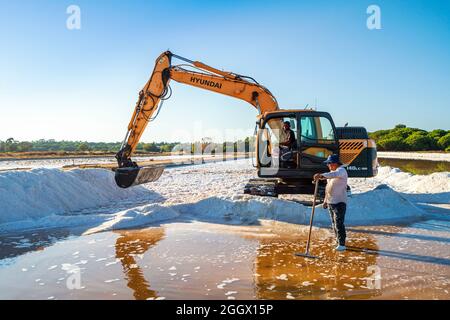 20 août 2021 - Faro, Portugal : récolte de sel de mer avec un creuseur jaune dans les salines naturelles Banque D'Images