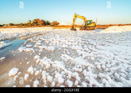 Récolte de sel de mer avec un creuseur jaune à salines à Faro, Algarve, Portugal Banque D'Images