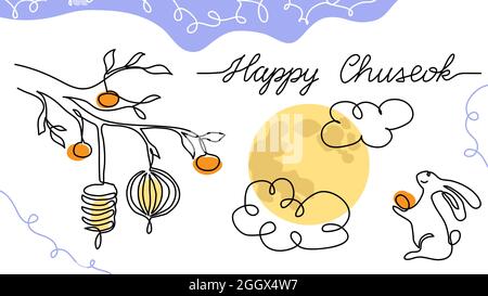 Happy Chuseok affiche vectorielle simple, bannière, arrière-plan avec lune, lapin, lanterne, persimmon. Illustration d'un dessin d'art à une ligne avec lettrage heureux Illustration de Vecteur