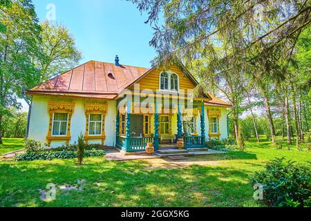 La maison traditionnelle est richement décorée avec des détails en bois sculpté colorés, des piliers, des cadres de fenêtre, Pereiaslav Scansen, Ukraine Banque D'Images