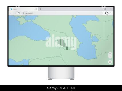 Moniteur d'ordinateur avec carte de l'Arménie dans le navigateur, recherchez le pays de l'Arménie sur le programme de cartographie web. Modèle vectoriel. Illustration de Vecteur