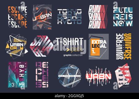 Collection de quatorze motifs graphiques, imprimés, illustrations représentant un t-shirt vectoriel coloré Illustration de Vecteur