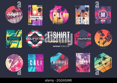 Collection de quatorze t-shirts vectoriels colorés pour l'été, dessins, illustrations Illustration de Vecteur