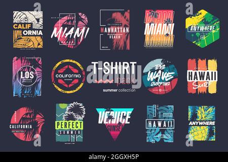 Collection de quatorze t-shirts vectoriels colorés pour l'été, dessins, illustrations Illustration de Vecteur