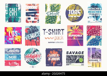 Collection de quatorze t-shirts vectoriels colorés pour l'été, dessins, illustrations Illustration de Vecteur