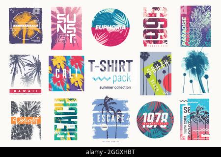 Collection de quatorze t-shirts vectoriels colorés pour l'été, dessins, illustrations Illustration de Vecteur