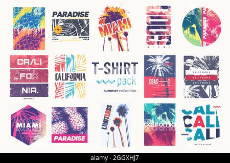 Collection de quatorze t-shirts vectoriels colorés pour l'été, dessins, illustrations Illustration de Vecteur