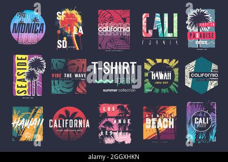 Collection de quatorze t-shirts vectoriels colorés pour l'été, dessins, illustrations Illustration de Vecteur
