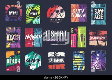 Collection de quatorze t-shirts vectoriels colorés pour l'été, dessins, illustrations Illustration de Vecteur