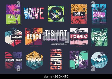 Collection de quatorze t-shirts vectoriels colorés pour l'été, dessins, illustrations Illustration de Vecteur