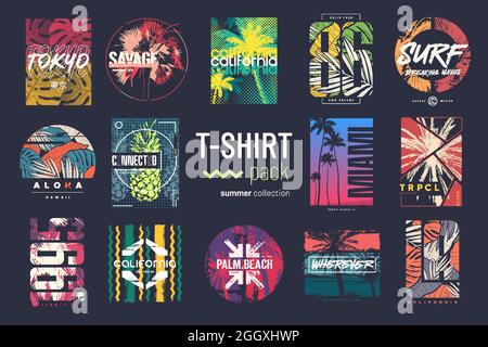 Collection de quatorze t-shirts vectoriels colorés pour l'été, dessins, illustrations Illustration de Vecteur
